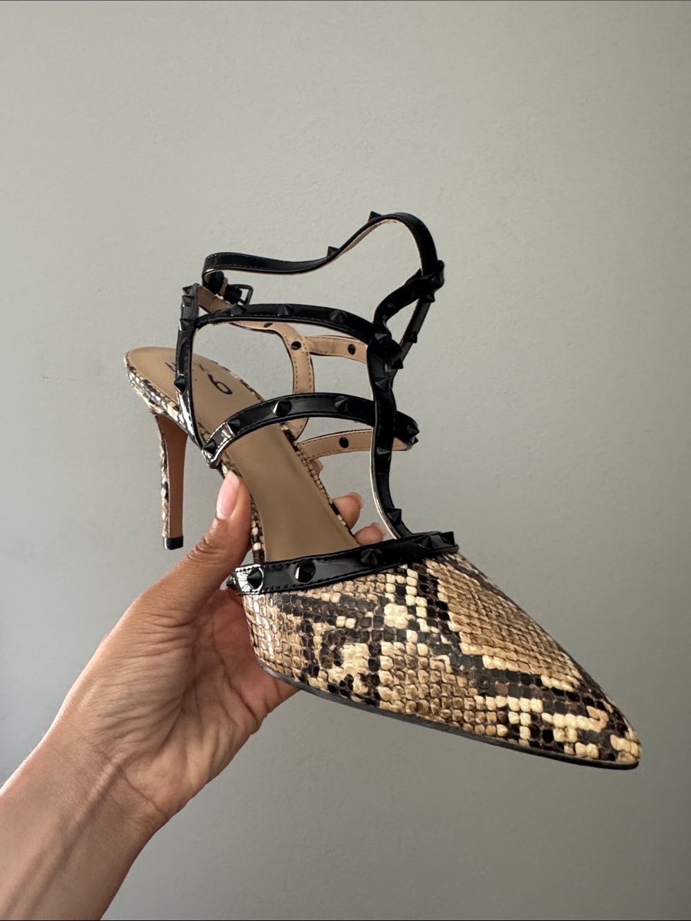 Black Strappy Snake-Print Pointed-Toe Pump